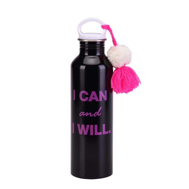 

Single-Layer Stainless Steel Cup Fringed Hairball Outdoor Sports Water Bottle Large-Capacity Handle Portable Water Cup 800ml чорний