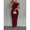 Women's Asymmetric Off Shoulder Short Sleeve Textured Ruched Side Bodycon Maxi Solid Casual Dress