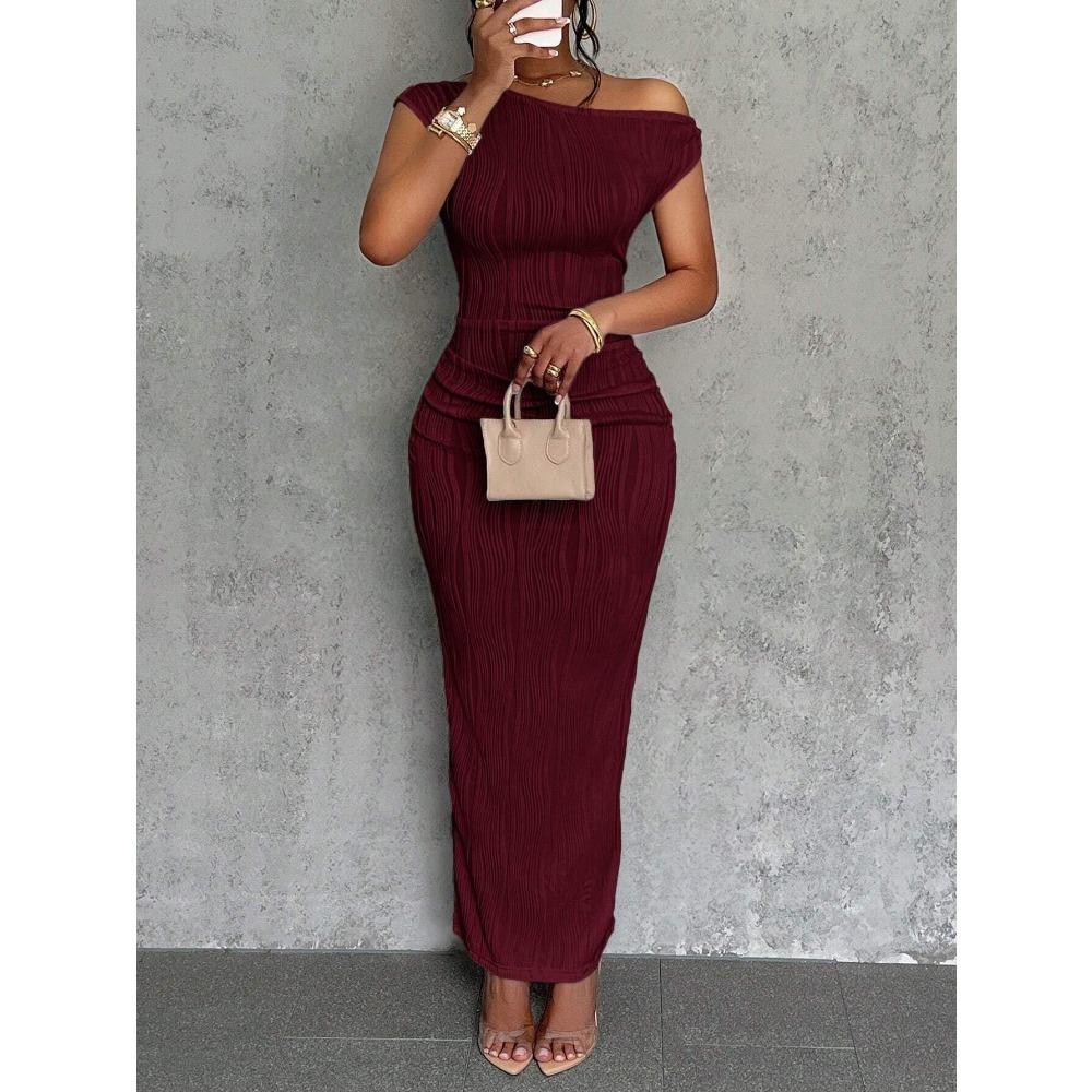 Women's Asymmetric Off Shoulder Short Sleeve Textured Ruched Side Bodycon Maxi Solid Casual Dress