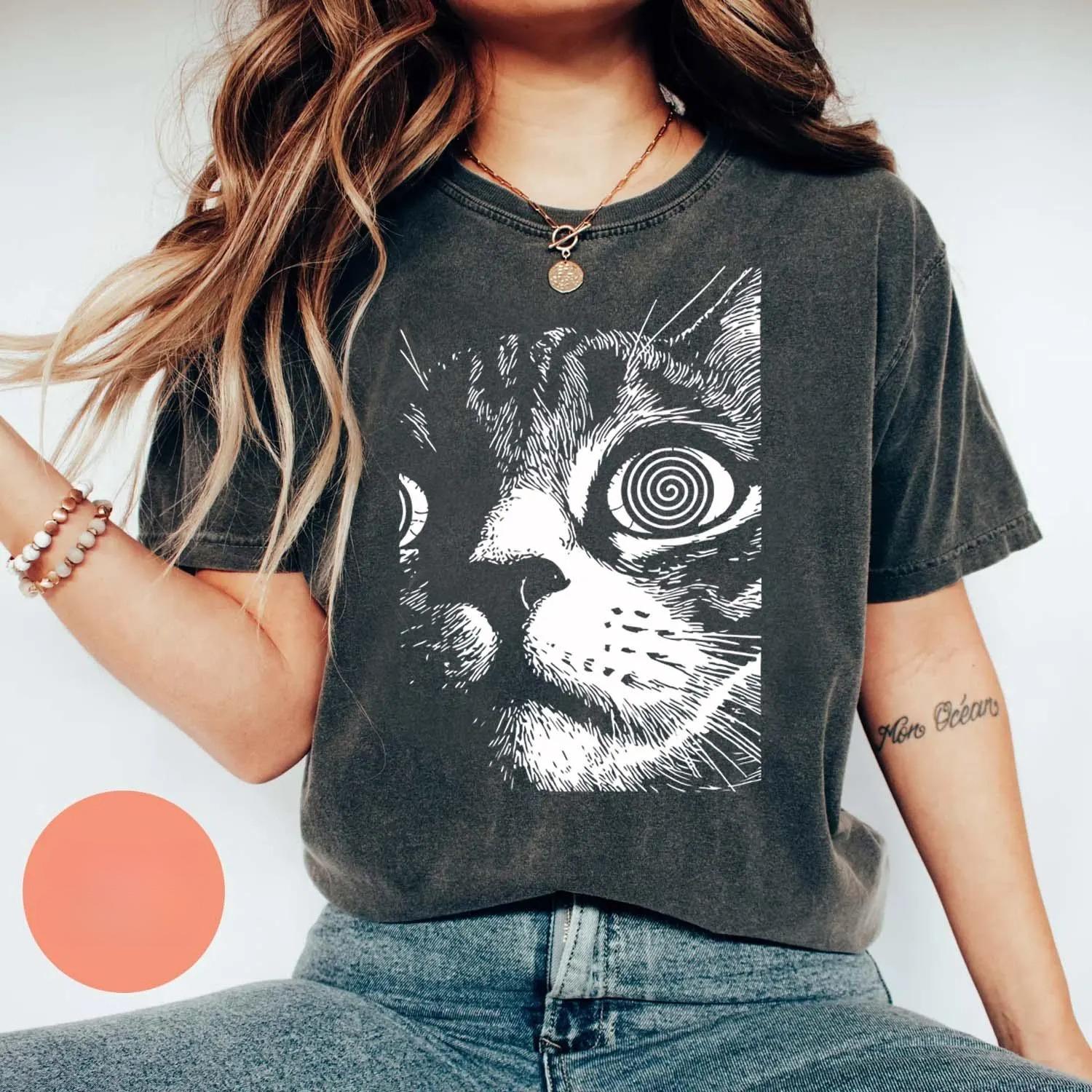 

2026 Summer Womens Vintage Psychedelic Cat TShirt Cotton and Breathable Short Sleeve Streetwear Oversized Loose Casual S