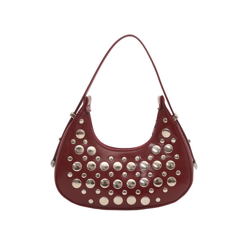 Crescent Pu Leather Bag High Quality Rivet Hobo Shoulder Bag Mini Handbag Adjustable Punk Bag For Dates Shopping Daily Use