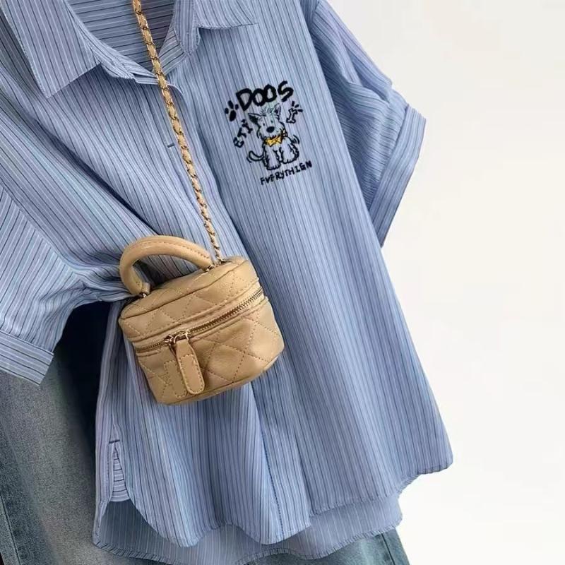 Ladies Dog Embroidered Solid Color Striped Shirts French Leisure Lapel Women's Short Sleeved Blouses Summer Casual Single Breasted Female Top