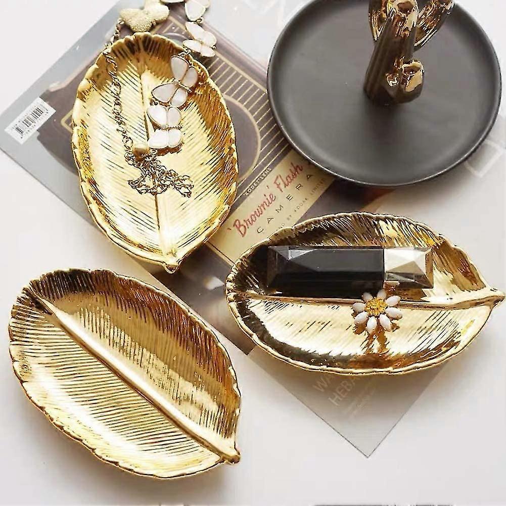 Lemonadeus Small Golden Leaf Tray Ceramic Decorative Gold Trinket Dish Ring Dish Gold Leaf Jewelry L Dish Vanity Tray,1735