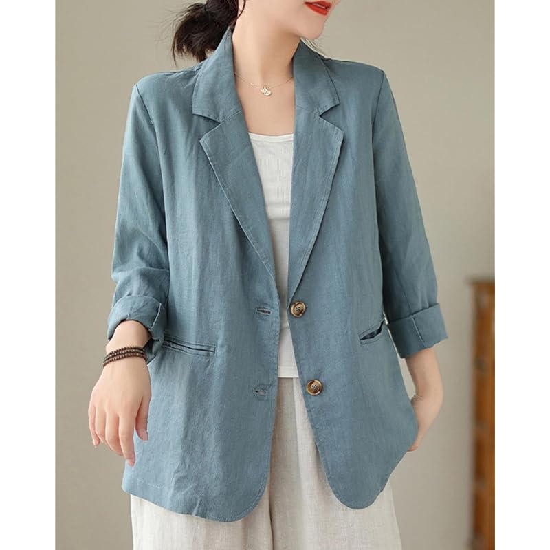 [JHIJSC] ladies jacket spring formal tailored jacket cotton linen Thin Fashionable big size (JP, alphabet, XL, blue)
