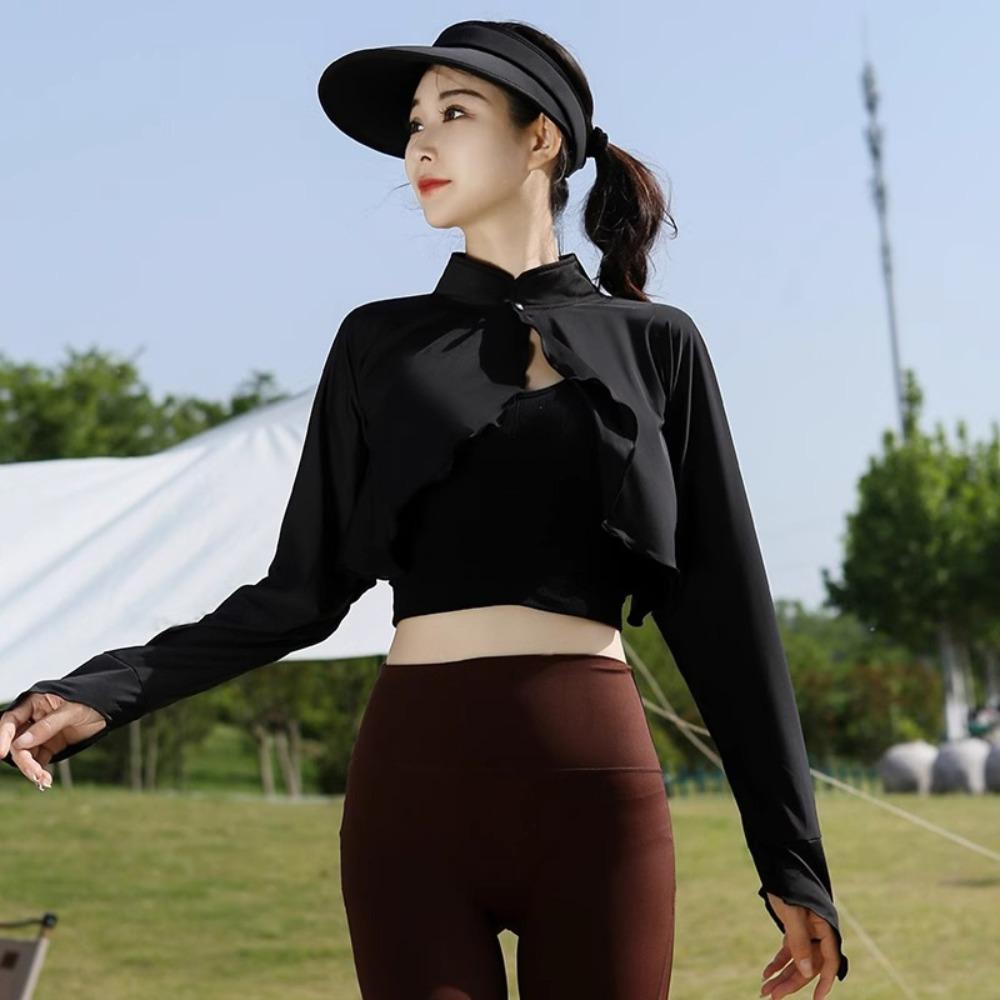 

Solid Color Sun Protection Clothing Long Sleeve Ice Silk Cape Long Sleeve Crop Top Sun Protection чёрный