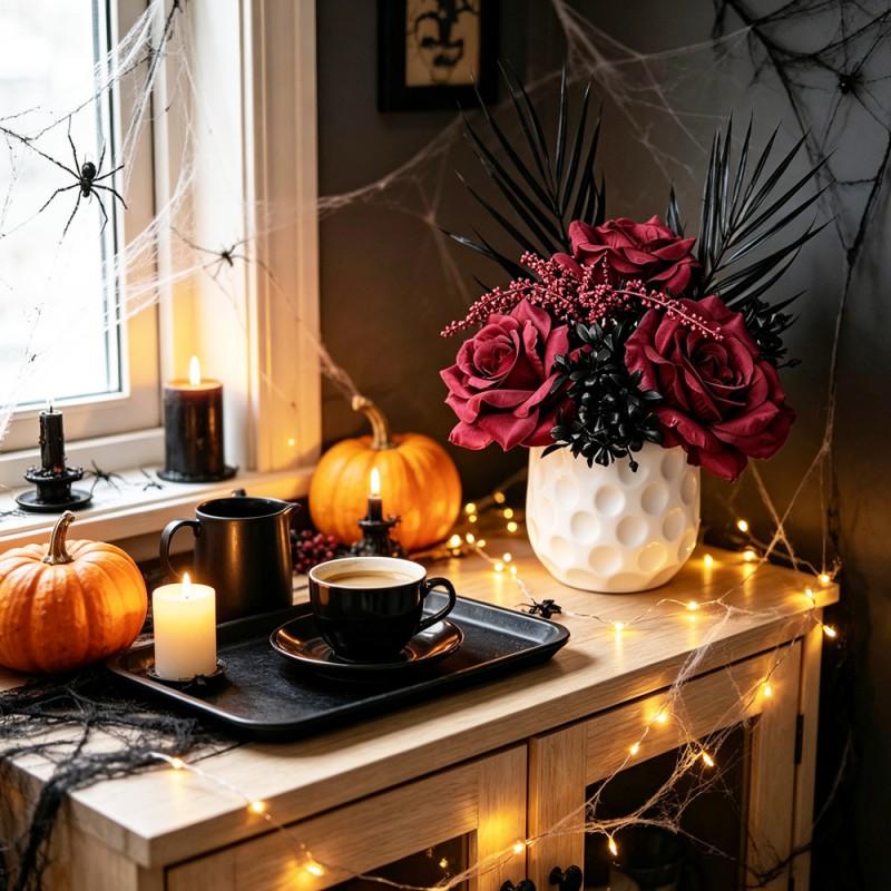 Gothic Halloween Artificial Rose Bonsai With Sword Leaves Dark Decorative Fake Flower Arrangement Home Office Cemetery Theme