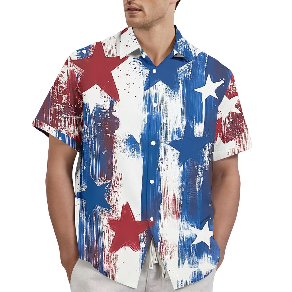 Men's Casual Stylish Flag Letter Print Shirt - Men's Lapel Short-sleeved Button-up Shirt