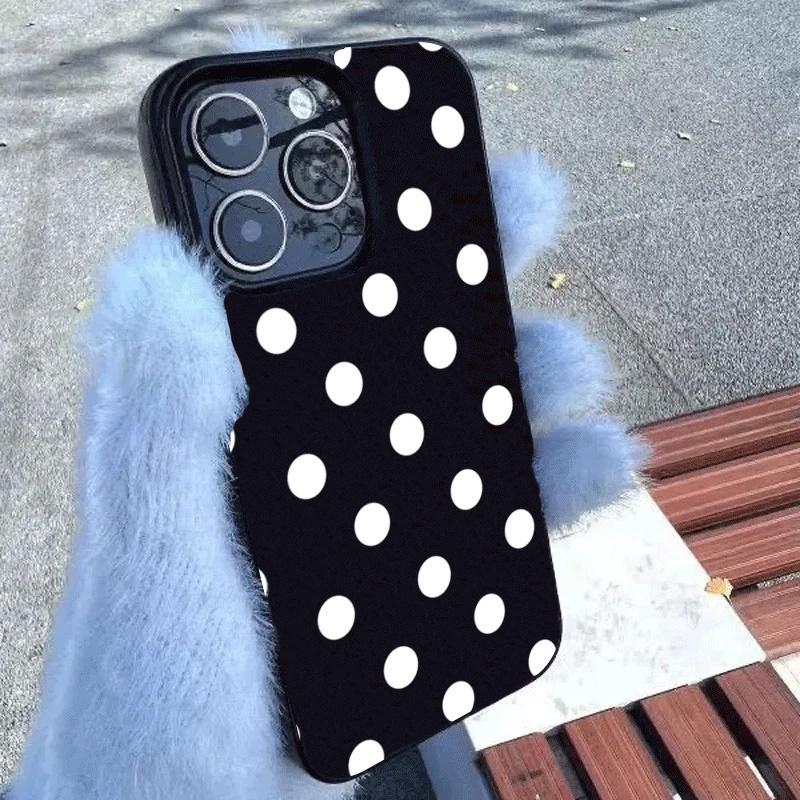 INS Polka Dots Printed Black Phone Case For iPhone 16 15 14 13 12 11 Pro Max XR XS Max 7 8 Plus MINI Creative Black Cover