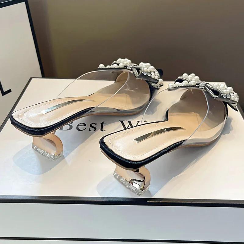 Fashion Sweet Shoes for Women Lovely Slippers Women Basic Slides Strange High Heels Solid Pointed Toe Butterfly-knot Summer Slippers