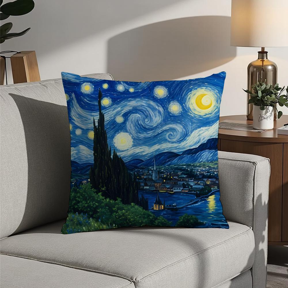 Starry Sky Van Gogh Art Oil Painting Pillow Case 3D Print Polyester Fiber 40*40Cm Home Sofa Throw Decoration Festival Gift