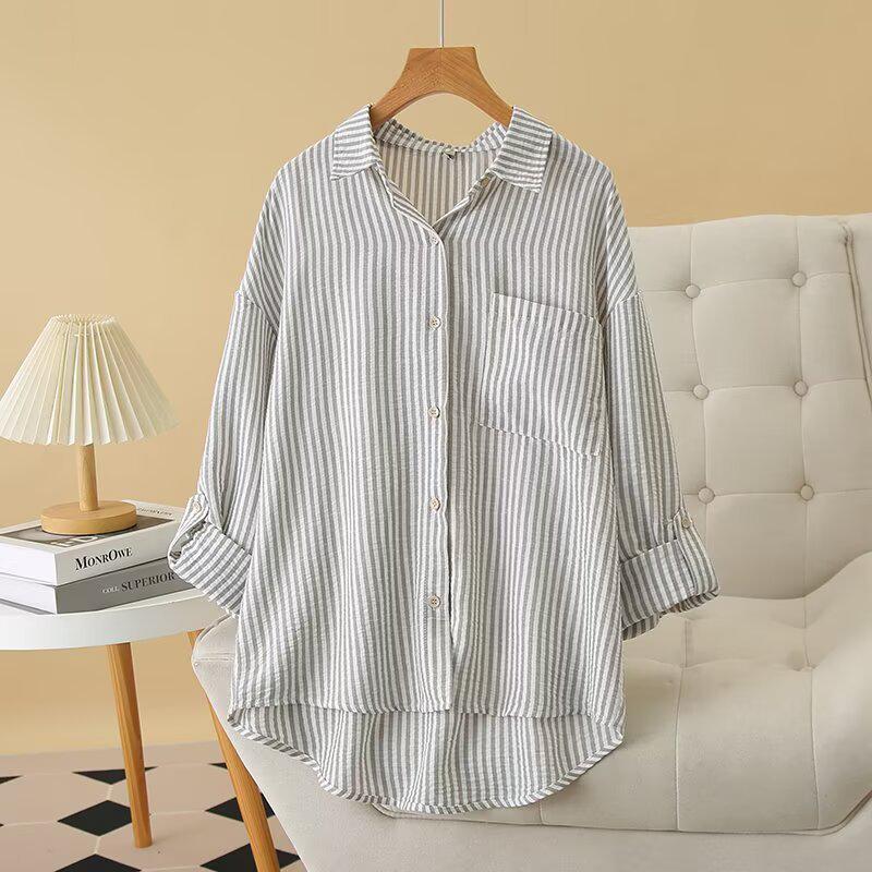 2025 Spring Plus Size Striped Cardigan - Long Sleeve, Rolled Cuffs, Lapel Top 2XL