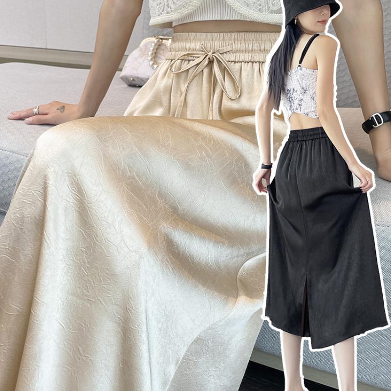 Acetate Satin High-End Feel Midi Skirt Summer New High Waist Draped Petite Straight A-Line Skirt