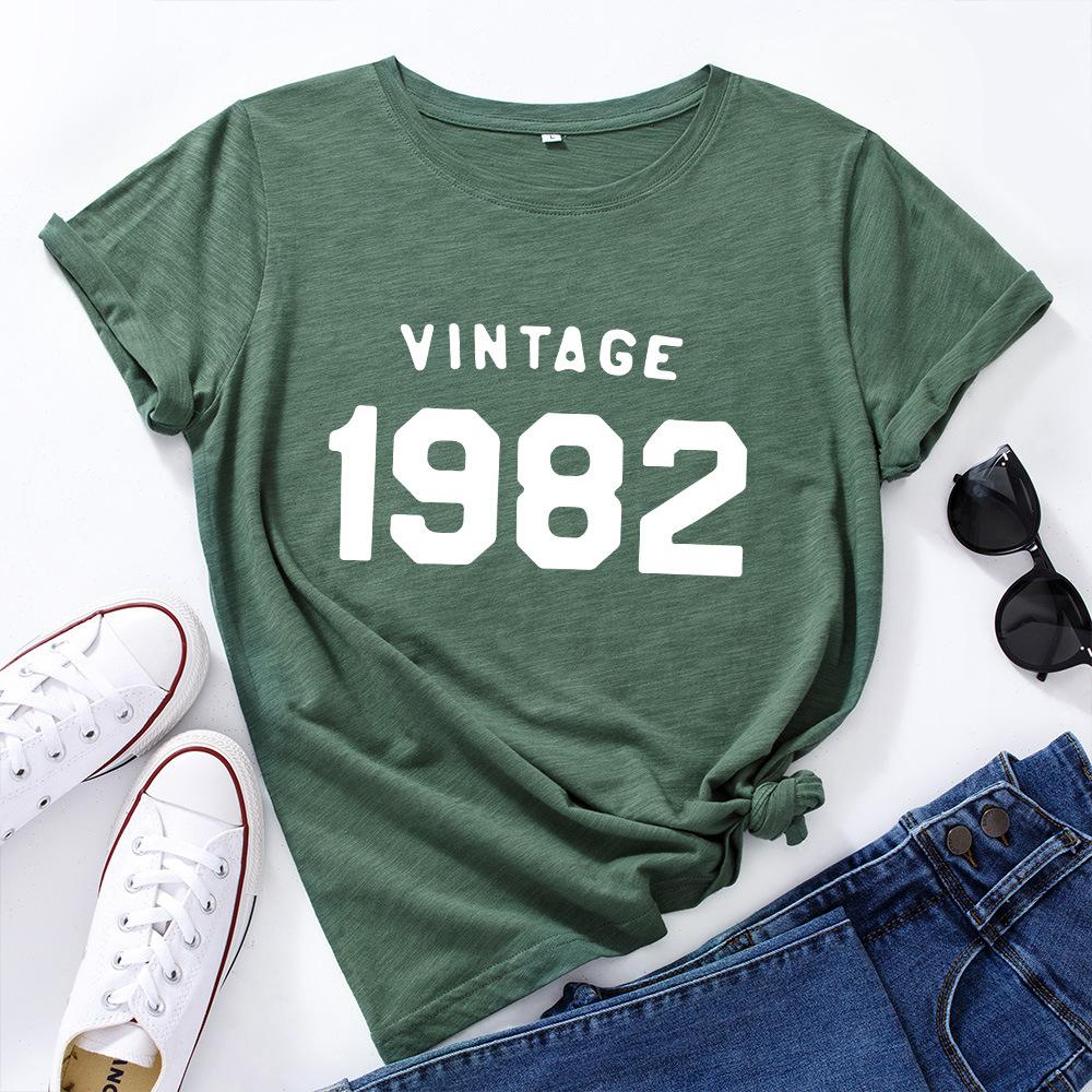 

Retro1982 Printed Cotton Loose Round Neck Short Sleeved Women s T-shirts S