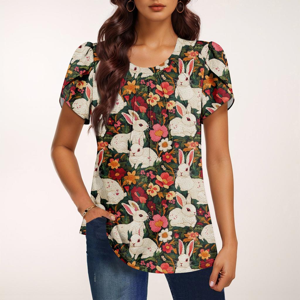 Women's Fashionable Round Neck Short Sleeve Printed Casual Basic Pleated Pullover T-shirt Top