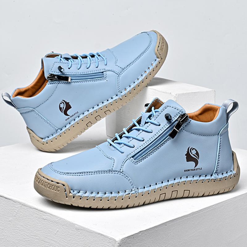 Women's Sneakers Round Toe Leather Shoes Fashion Casual Solid Color Zipper Boots