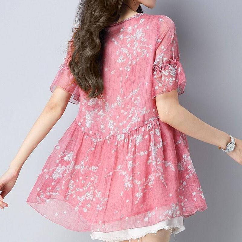 Lässiges Elegantes Lockeres Chiffon-Shirt mit ausgestellten Ärmeln Sommer Neu Damenbekleidung Mode Druck O-Ausschnitt Pullover Blusen 6XL