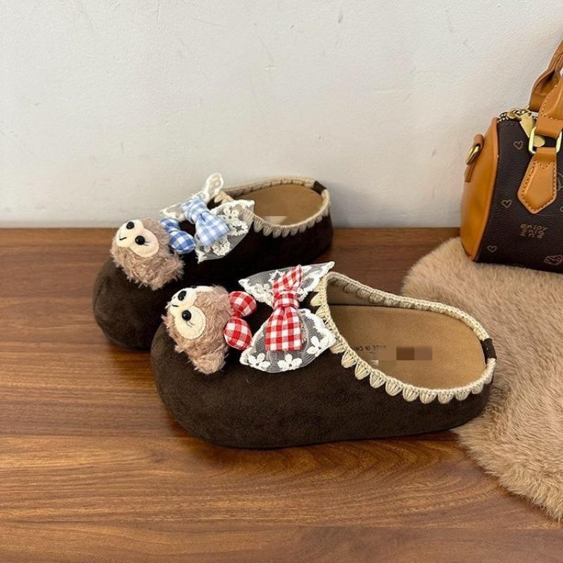 Wear cartoon lace bag head half drag women's autumn new bow thick bottom heightening Boken slippers