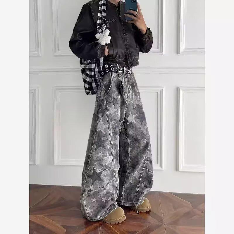 New Washed Star-printed Jeans for Men, Casual Wide-leg Long Pants