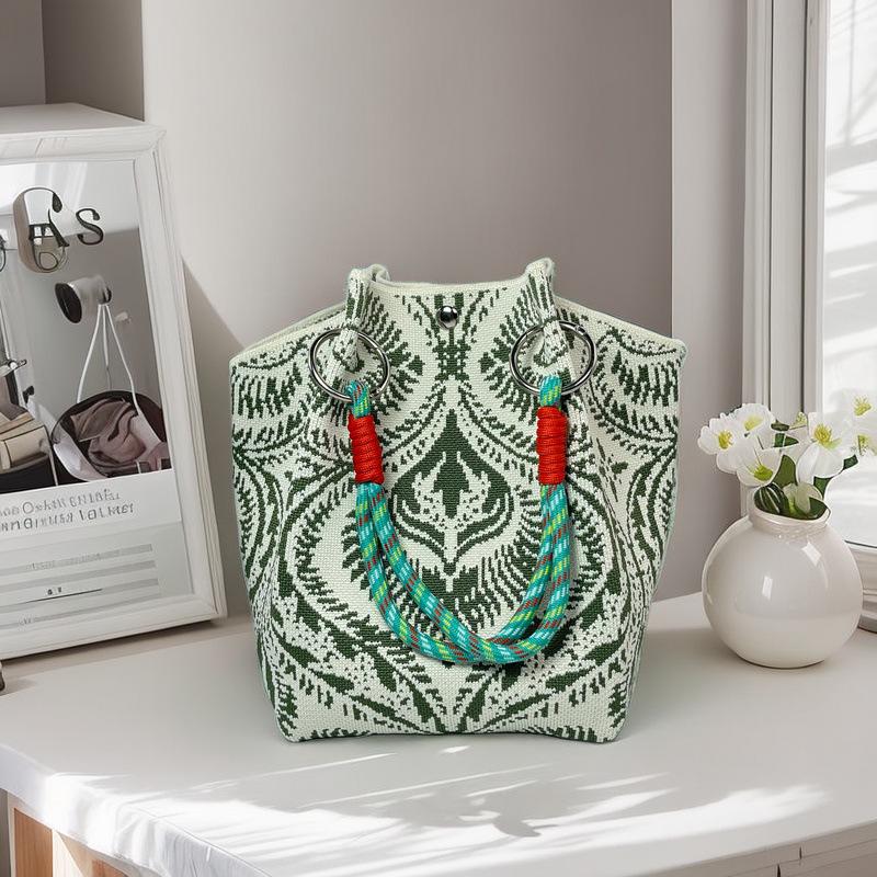 Knitted Tote with Woven Ring Buckle, 3D Magnetic Snap Handbag & Clutch