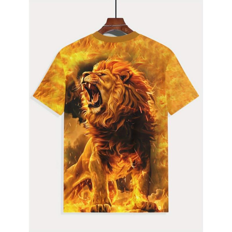 Men's Flame Lion 3D Printed T-Shirt Casual Short Sleeve Crewneck Top Cool Roaring Fire Animal King Graphic Tee Hip Hop Style Streetwear Fashion