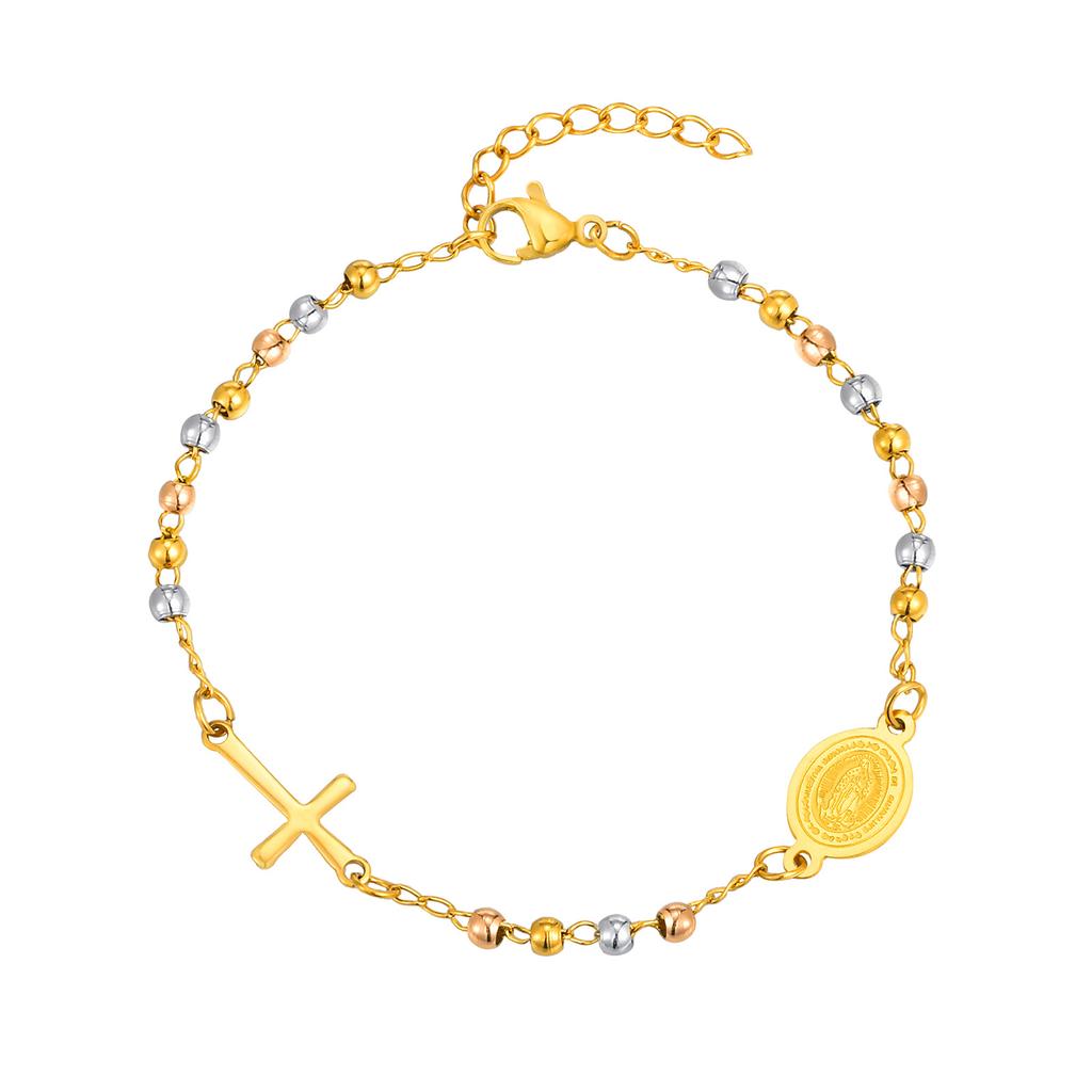 Holy Stainless Steel Cross Benedict Virgin Bracelet,Women's Gold Plated Beaded Chain Bracelets,Trendy Jewelry Gifts