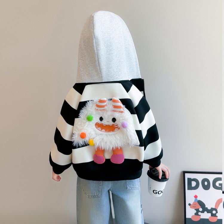 Girls  Striped Hooded Cardigan – 2026 Spring Collection Black & White Cartoon Sweatshirt Jacket 90 cm