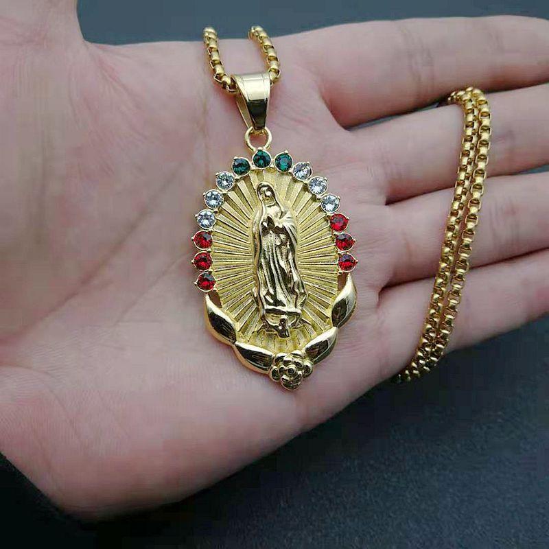 Jungfrau Maria Edelstahl Anhänger Halskette mit Strassstein für Damen Gold Farbe Unsere Liebe Frau Schmuck Großhandel