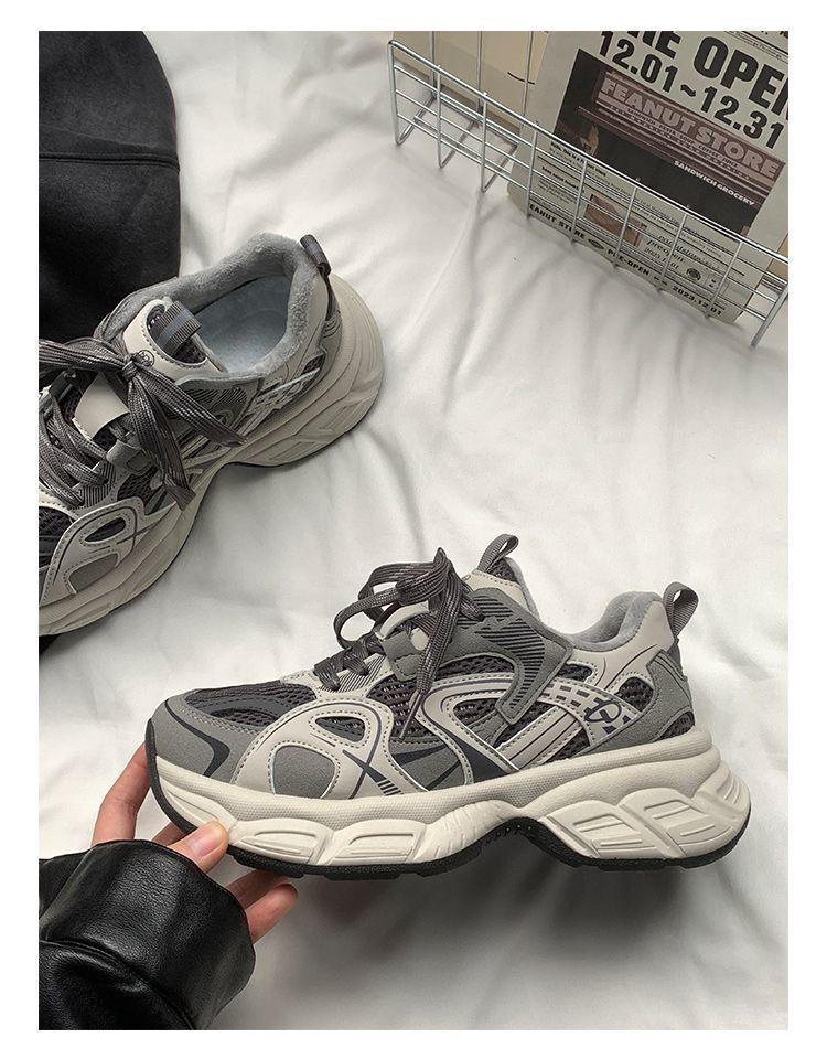 Graue Fleecegefütterte Lässige Jugend-Dad-Sneaker mit dicker Sohle und Höhenerhöhung