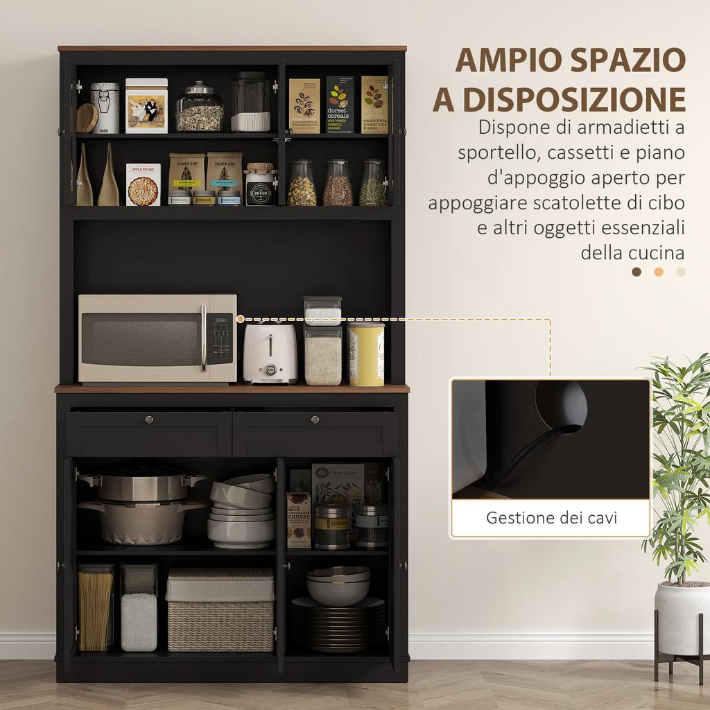 Tall Kitchen Sideboard with 4 Cabinets. 2 Drawers and a Central Shelf. 100x40x180cm. Black