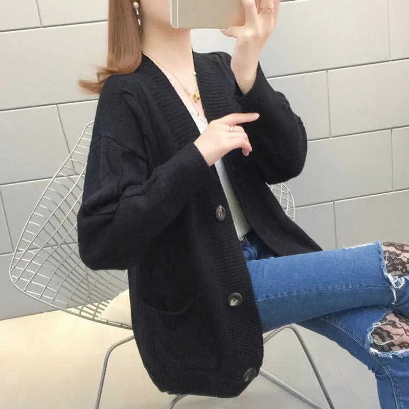 

Свитер-кардиган женский весенне-осенний свободный вязаный свитер средней длины повседневное пальто XXL чёрный