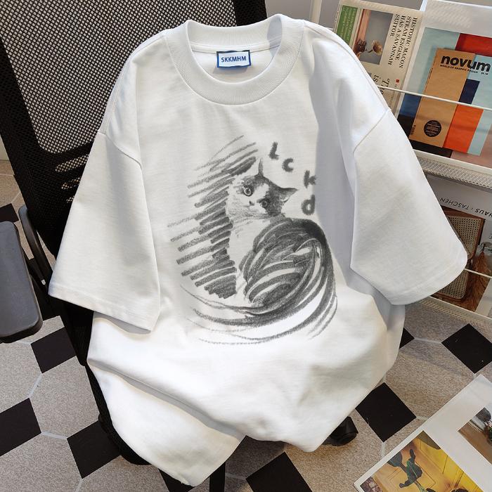 Summer Pure Cotton Women Cute Cartoon Cat Print T-Shirt Harajuku Round Neck Oversize Casual Y2K Tops Young Girl T Shirts Streetwear