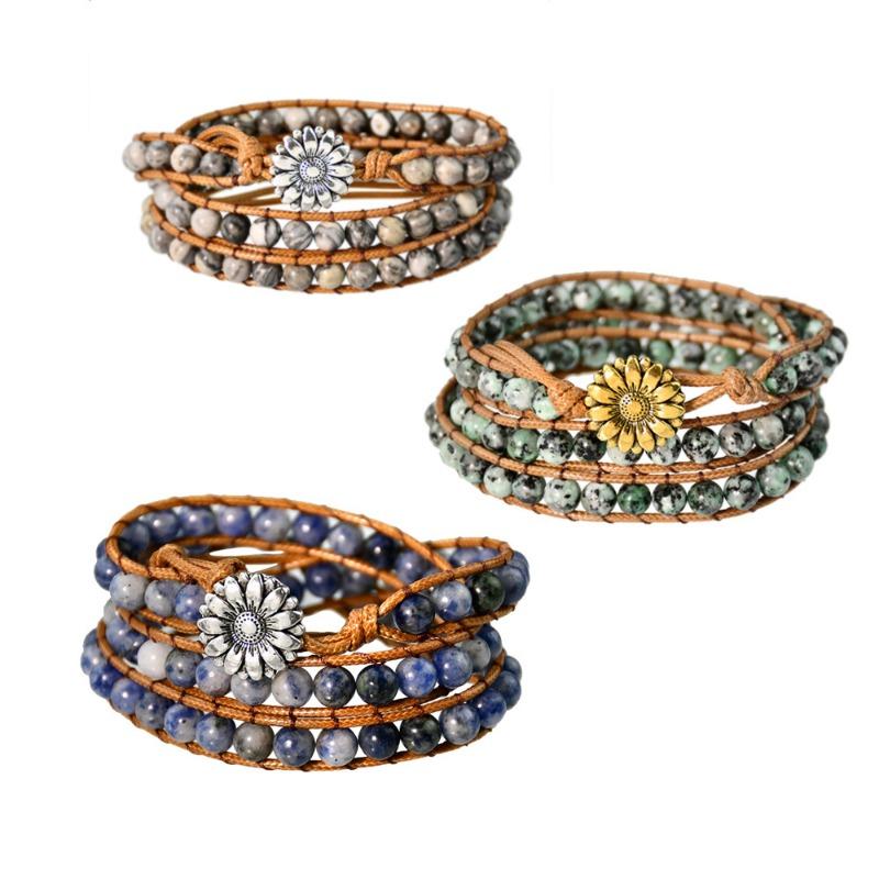 GemChic Women's Ethnic Weave Rope Multilayer Stone Beads Alloy Sunflower Bracelet Classical Retro Birthday Christmas Jewelry Gift