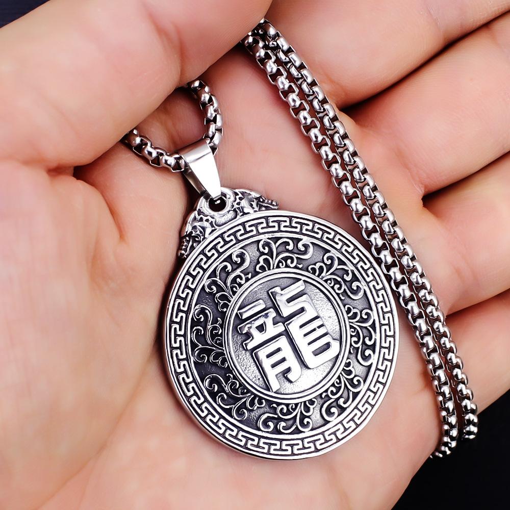 Hip-Hop Panlong Round Plate Pendant Fashion Accessories Retro Dragon Traveling World Pendant Titanium Steel Necklace