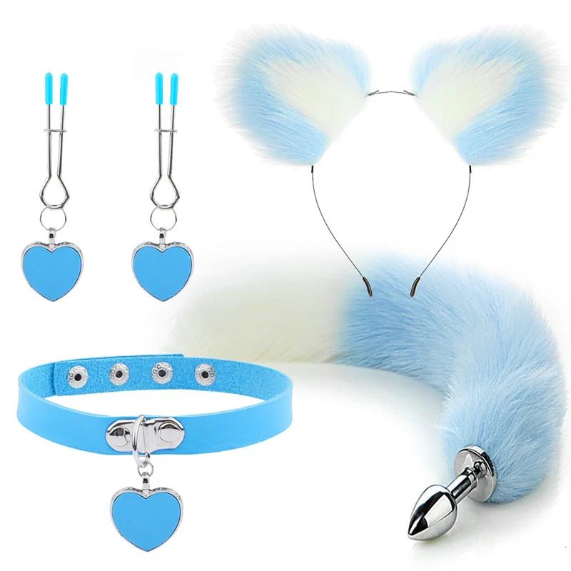 Anal Sex Toys Fox Tail Butt Plug Sexy Plush Cat Ear Headband With Bells Necklace Set Massage Sex Toys For Women Couples Cosplay