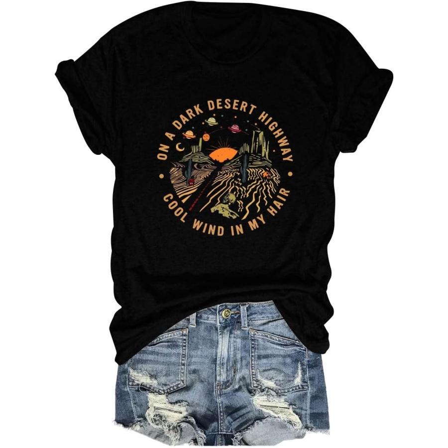 KKG Adventure Shirts Women Retro Desert Highway T-Shirt Funny Nature Graphic Tee Casual Cotton Short Sleeve O-Neck Tee Tops XXXXXL чёрный