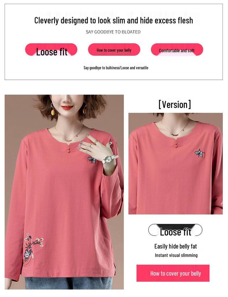 Dámské bavlněné tričko s dlouhým rukávem a výšivkou ve větších velikostech - Zeštíhlující střih pro maminky ve středním věku