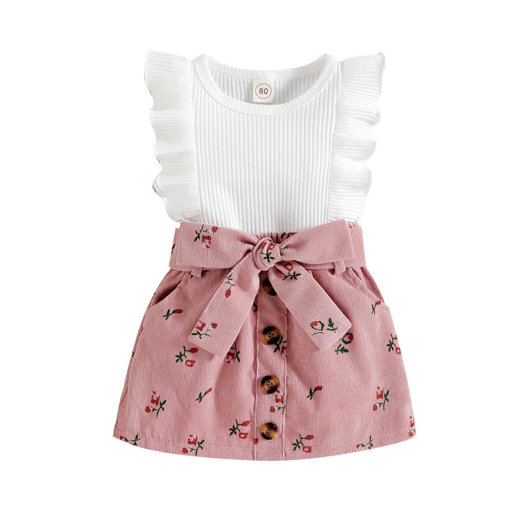 Girls' Fashion Set Children's Flying Sleeve Floral Corduroy Skirt Two-piece Set