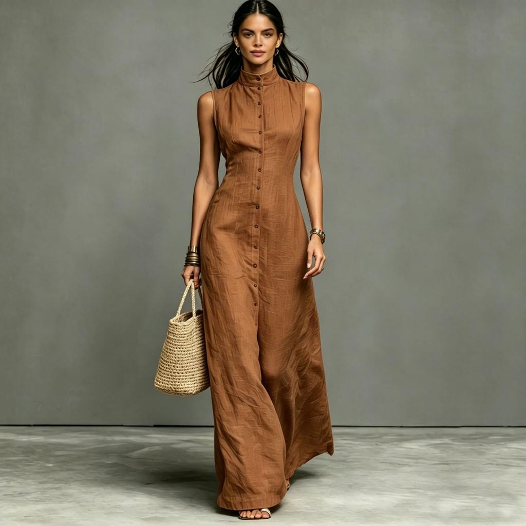 Damen ärmelloses Maxikleid mit hohem Kragen und Knöpfen, einfarbig, lässig, locker sitzend, Sommerkleid