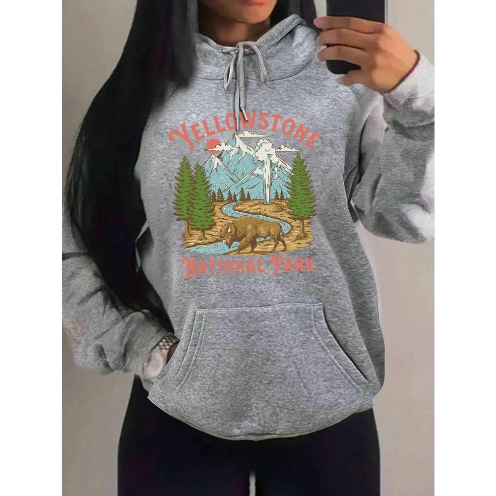Yellow Stone National Park Printing  Hoodies Women Fleece All-Match Streetwear Y2K Pocket Hoody Autumn Casual Woman Clothing