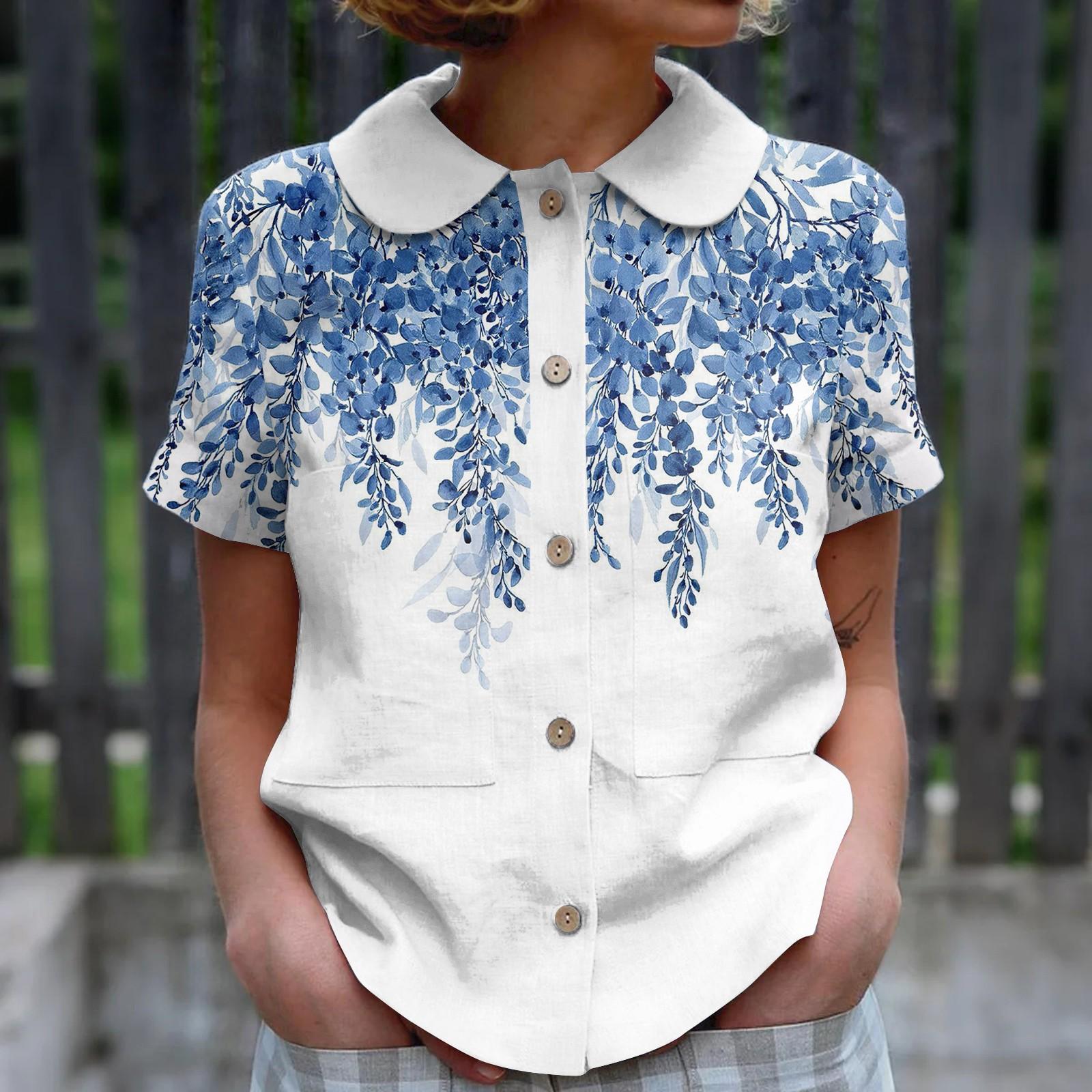 

Women s Casual Fashionable Printing O Neck Button Short Sleeved Top XXL білий