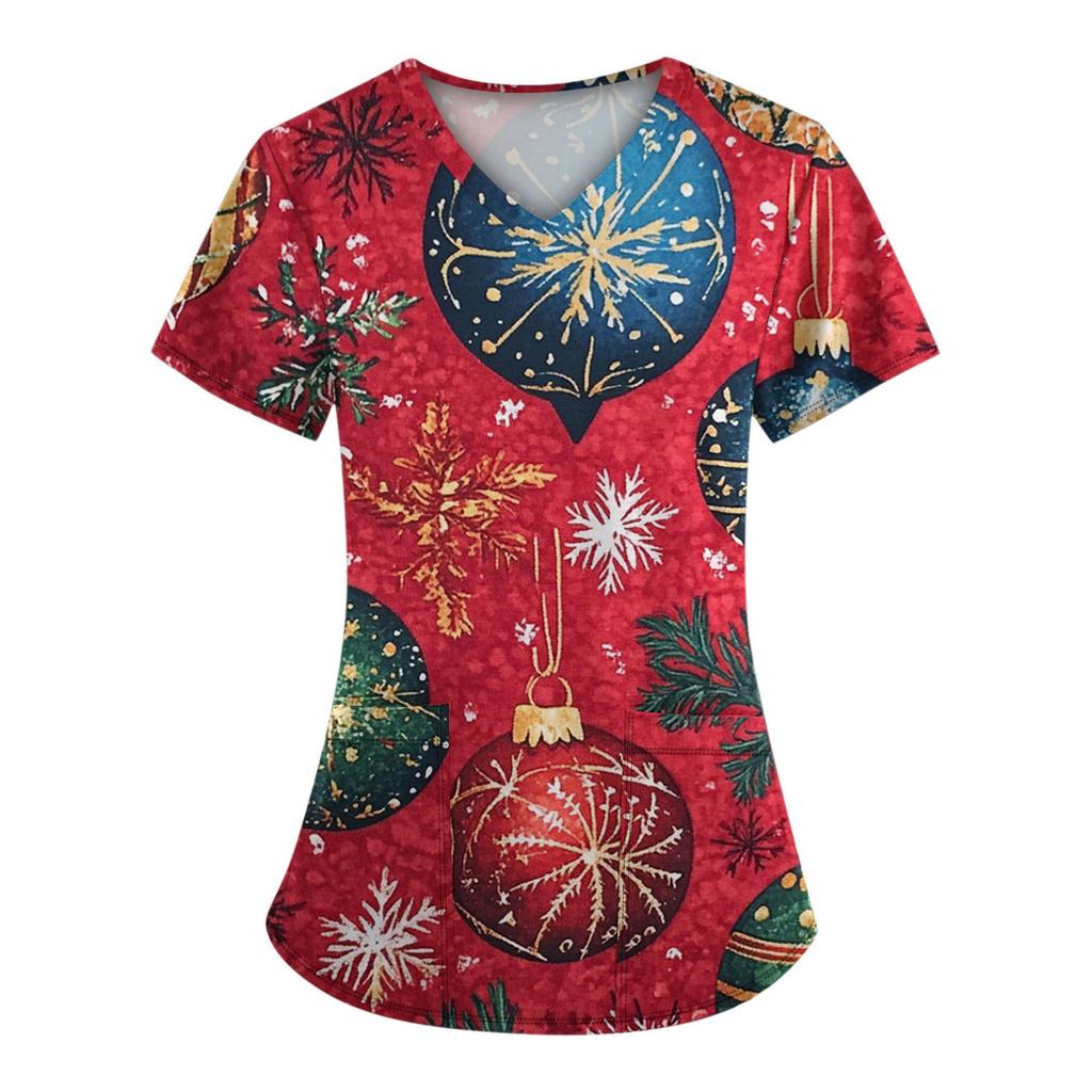 Women's Scrubs Medical Uniform, Festive Snowflake Christmas Tree Print Pattern, High-Quality, Easy To Clean, Quick Drying Clothi