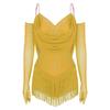 Womens Sparkling Tassel Dancewear Mesh Draped Leotard Rhinestone Fringed Bodysuit Adjustable Strap Gymnastics Outfit