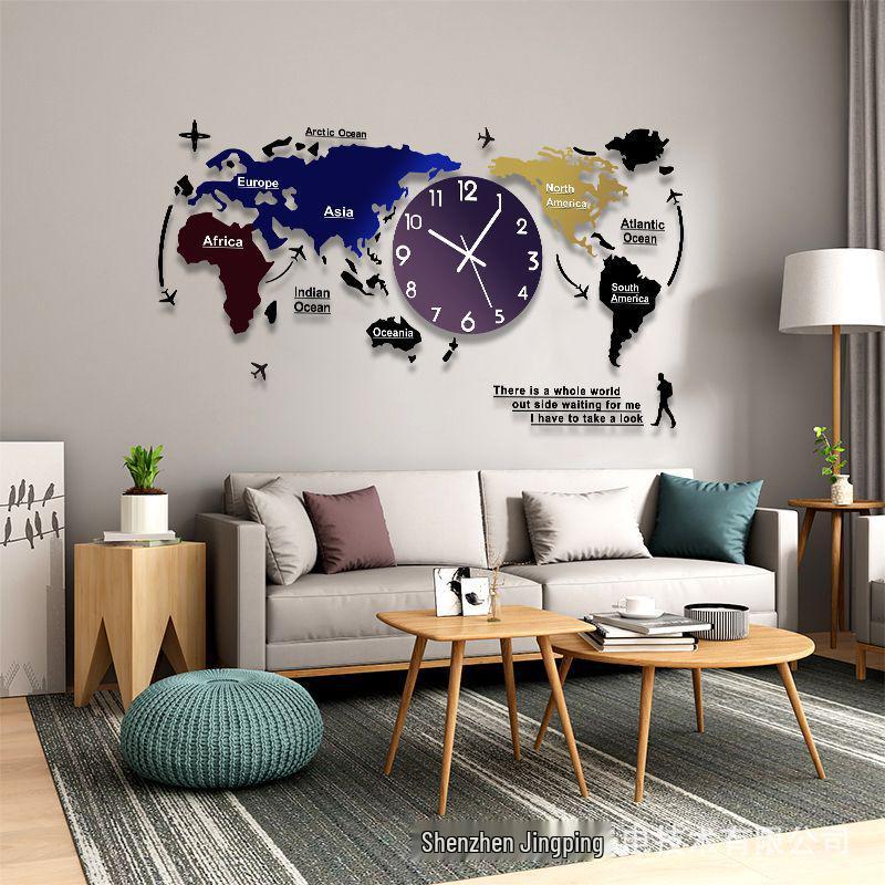 Creative World Map Wall Clock with Lamp & Perpetual Calendar for Living Room Decor