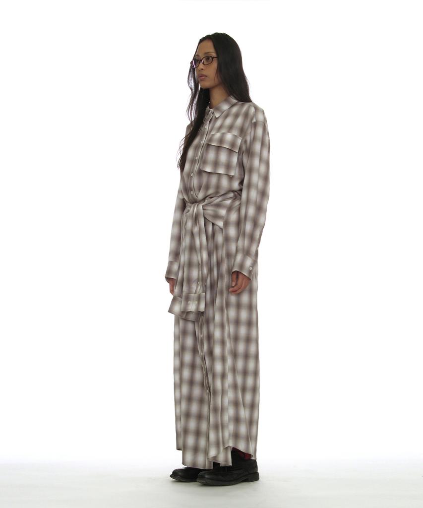PARTIMENTO WOMEN Sleeve-Tie Shirt Maxi Dress_Beige Check