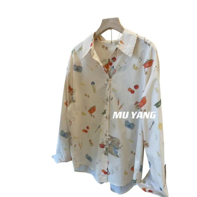 

Women s White Cartoon Print Blouse Lapel Collar Long Sleeve Button Front Casual Loose Fit Top L бежевий