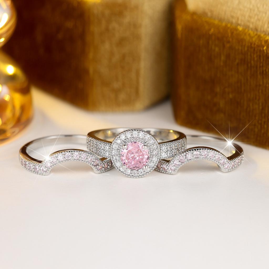 European and American luxury round pink and white diamond-studded ring set for women, fashionable, light luxury, sweet, geometric, versatile, index