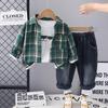 2025 Plaid Shirt Boy's Retro Fashion Three-Piece Set: Casual Spring & Autumn Outerwear