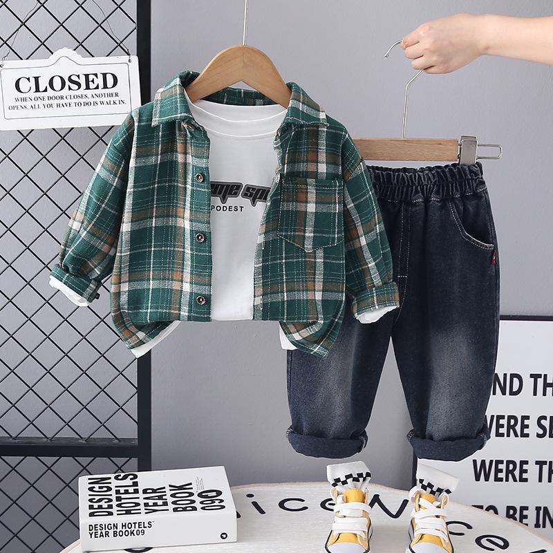 2025 Plaid Shirt Boy's Retro Fashion Three-Piece Set: Casual Spring & Autumn Outerwear