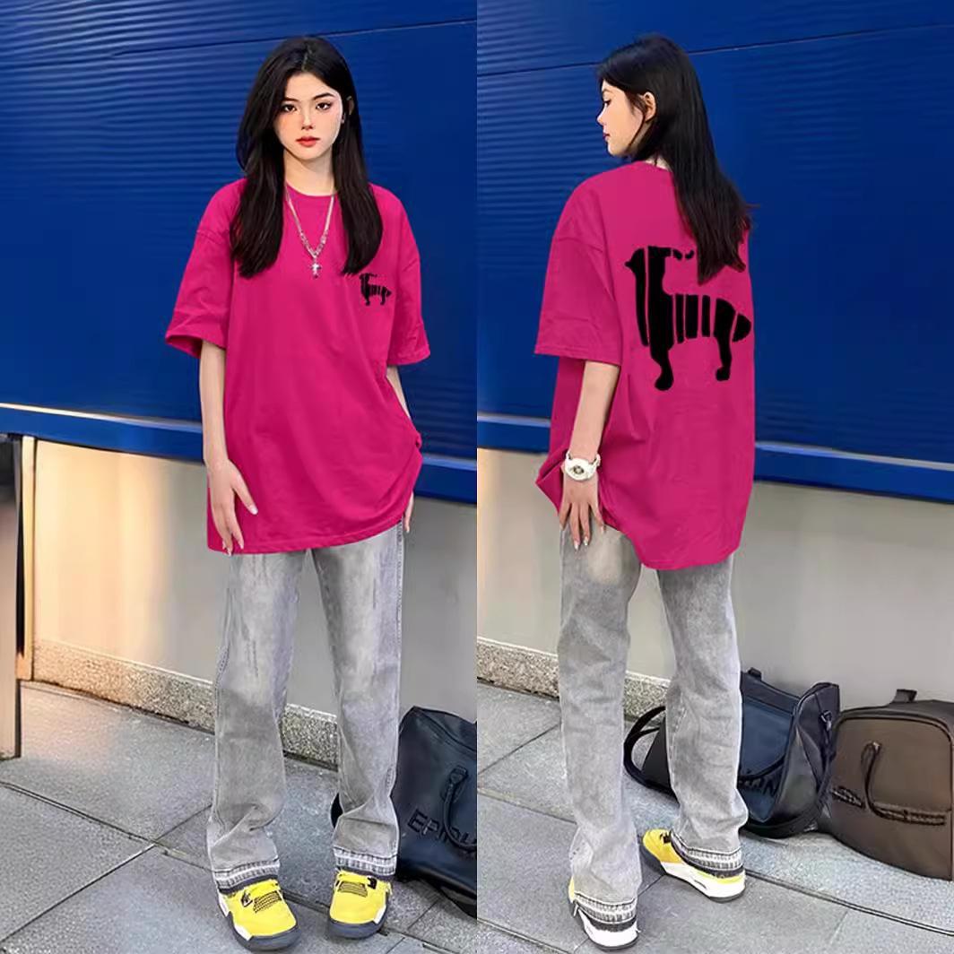 

American retro rose red cotton short-sleeved t-shirt women s summer new design niche loose lazy style top S