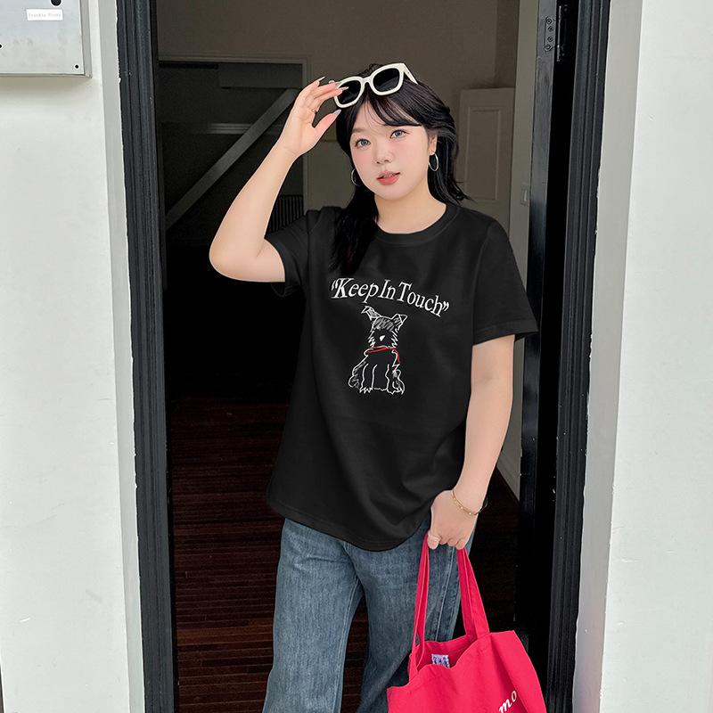 Simple commuter pullover round neck embroidered T-shirt women's spring new fat mm loose meat top 142081